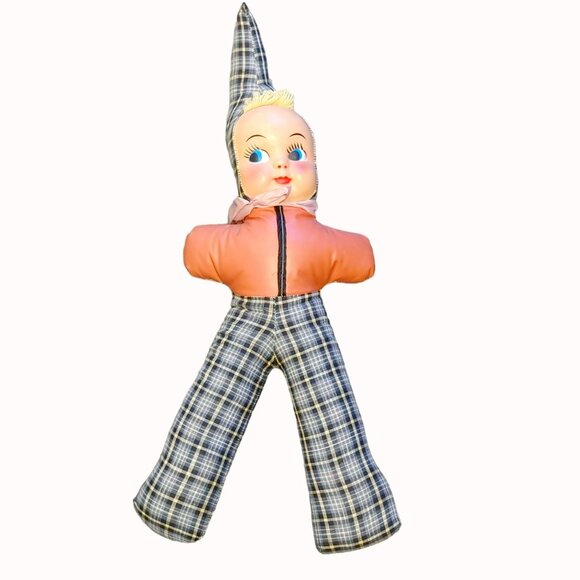Vintage 1940s Carnival Prize Plush Body Doll Plastic Face Plaid Cone Hat Pants 2 - Picture 5 of 5